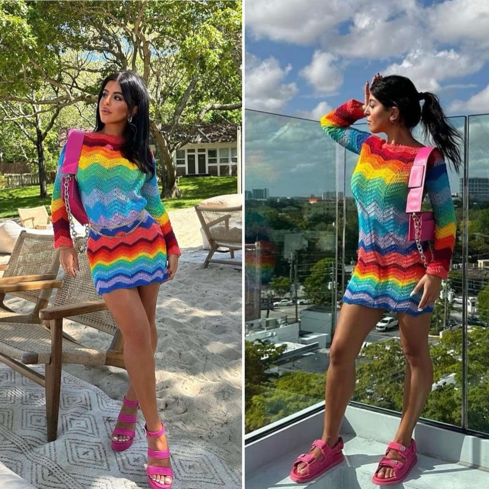 ALIX PINHO Rainbow Crochet Dress Handmade Boho Festival Maxi Multicolor - Picture 3 of 11